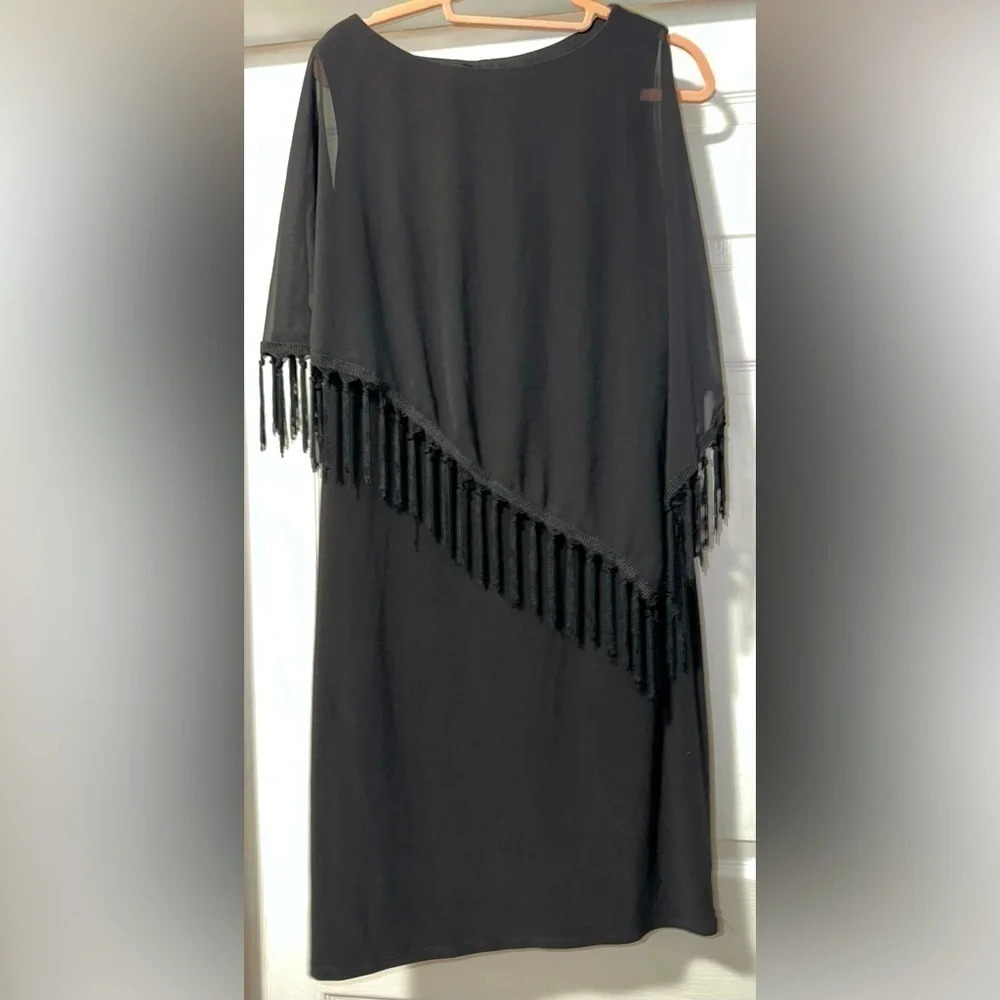 R & M Richards Black Dress Sleeveless Sheer fringed attached poncho